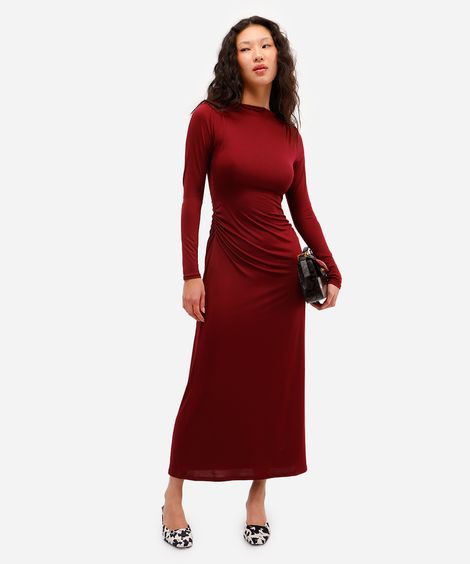vestido longo feminino manga longa franzido  vinho