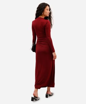 vestido longo feminino manga longa franzido  vinho