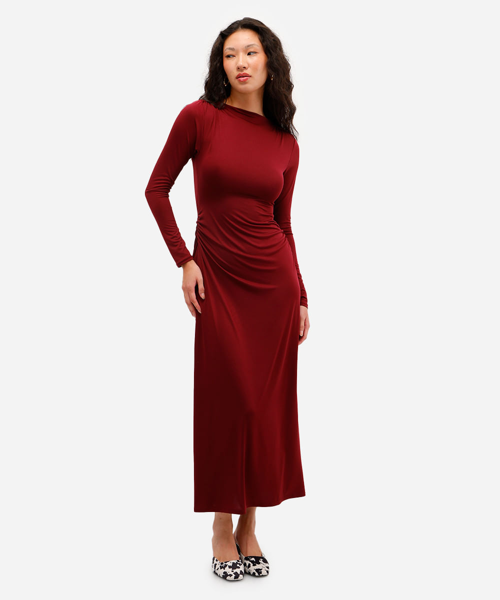 vestido longo feminino manga longa franzido  vinho