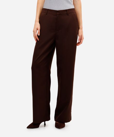 calça de alfaiataria feminina com recorte lateral marrom
