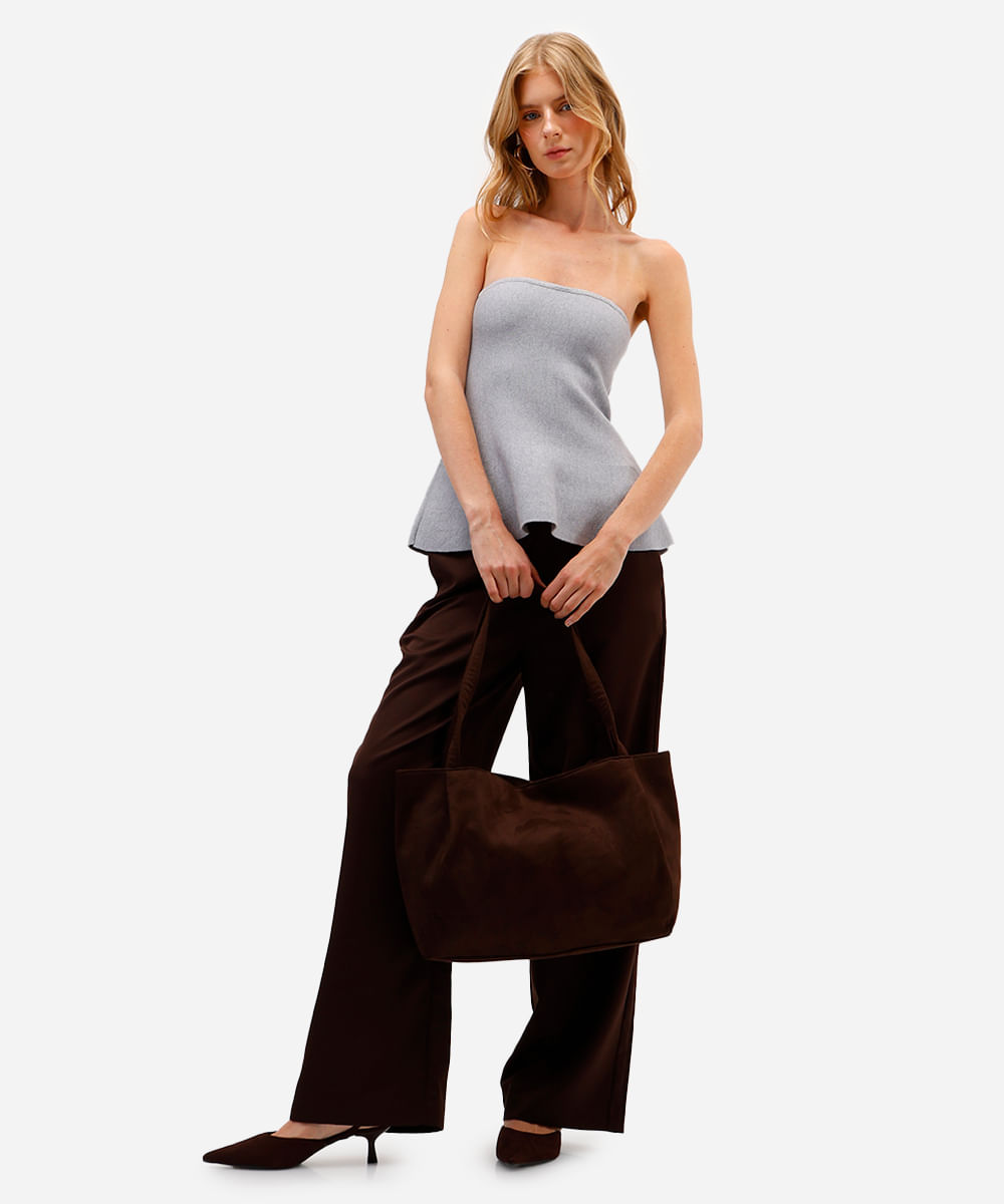 blusa peplum feminina sem alça de tricot cinza