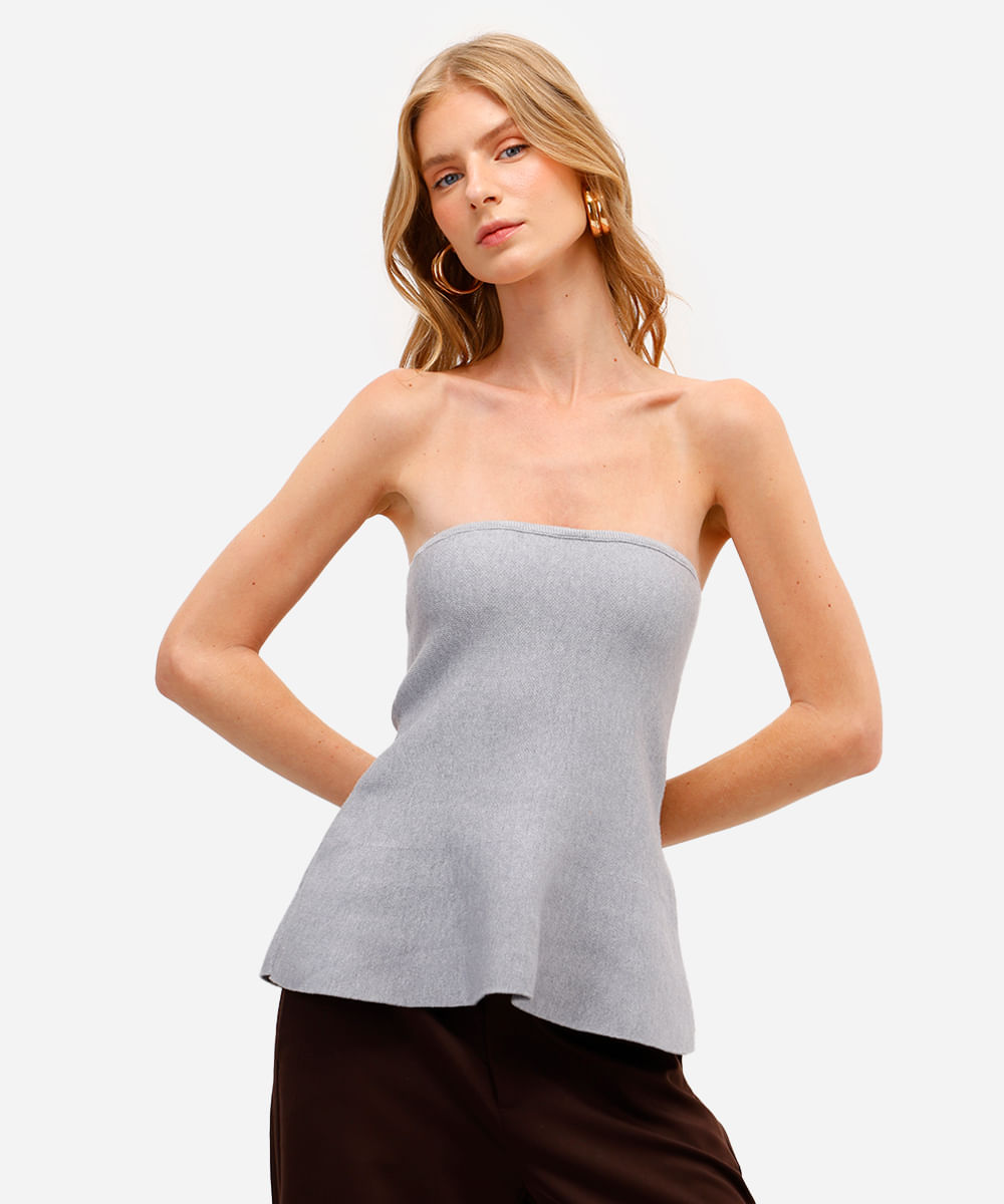 blusa peplum feminina sem alça de tricot cinza