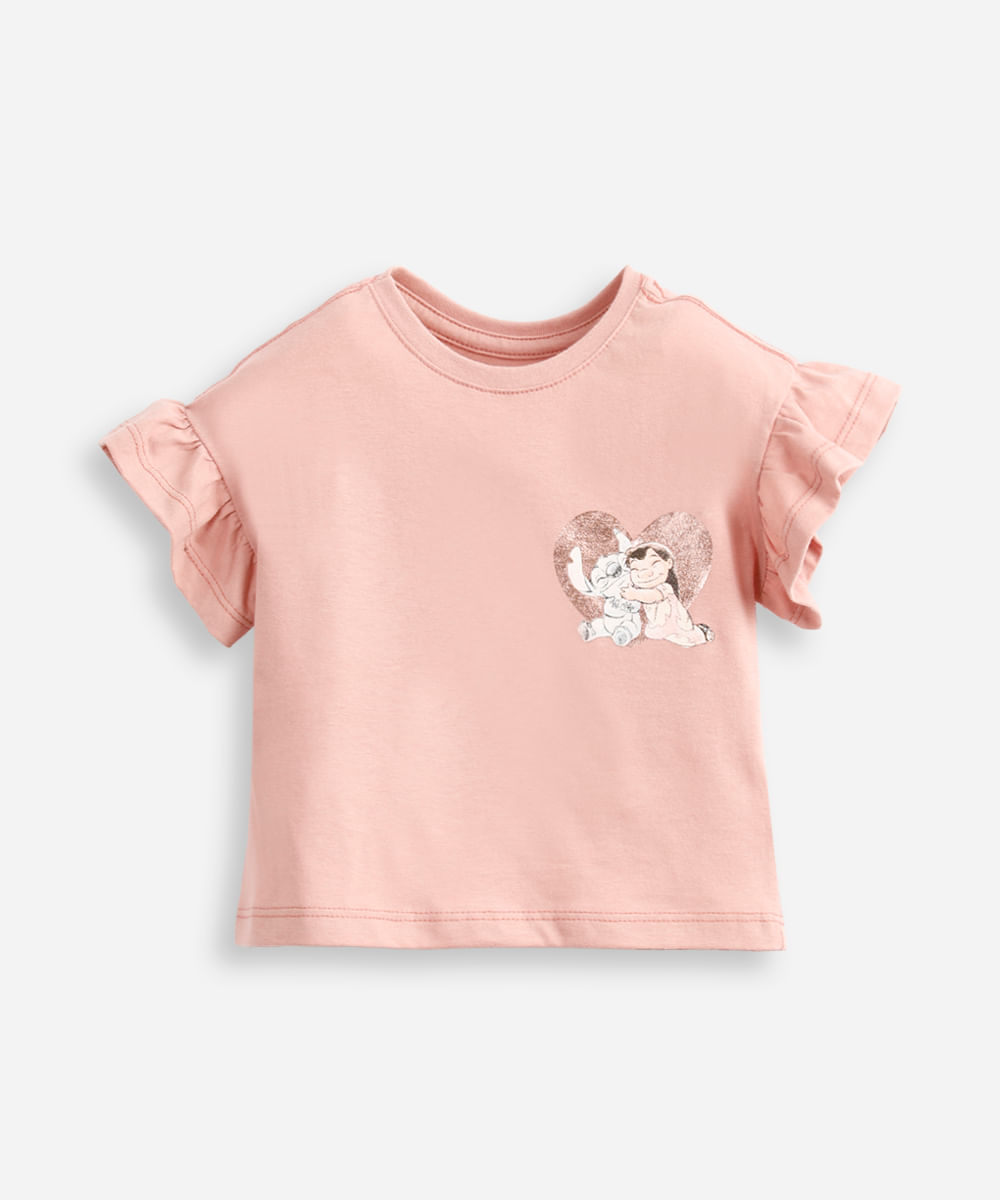 camiseta infantil manga curta lilo e stitch rosa