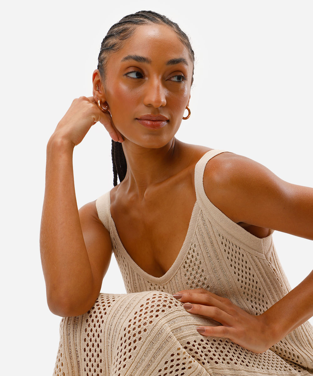 vestido longo feminino de tricot com fendas bege