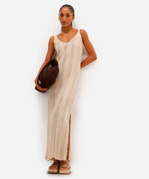 vestido longo feminino de tricot com fendas bege