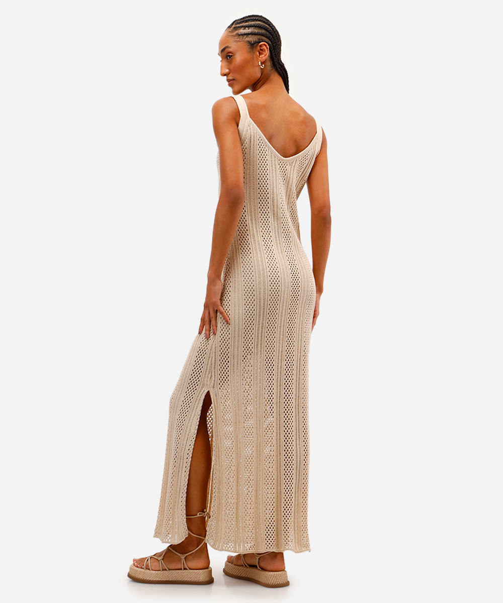 vestido longo feminino de tricot com fendas bege