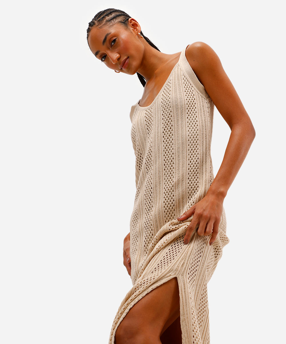 vestido longo feminino de tricot com fendas bege
