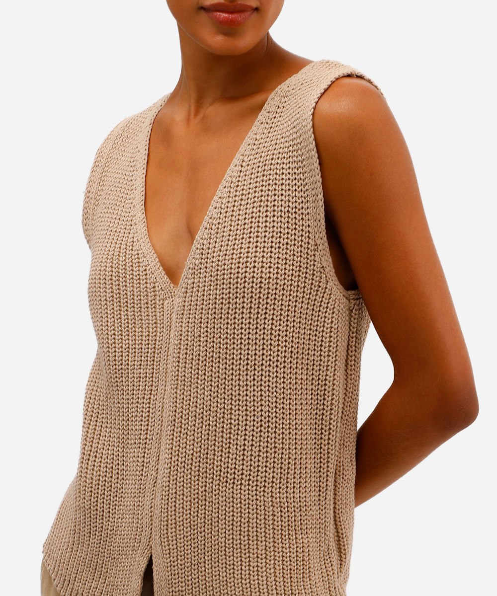 colete feminino de tricot decote v bege