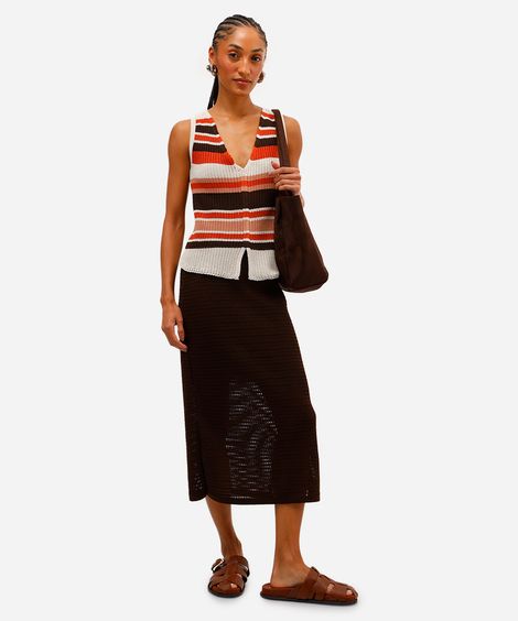 saia reta feminina de tricot com fenda marrom