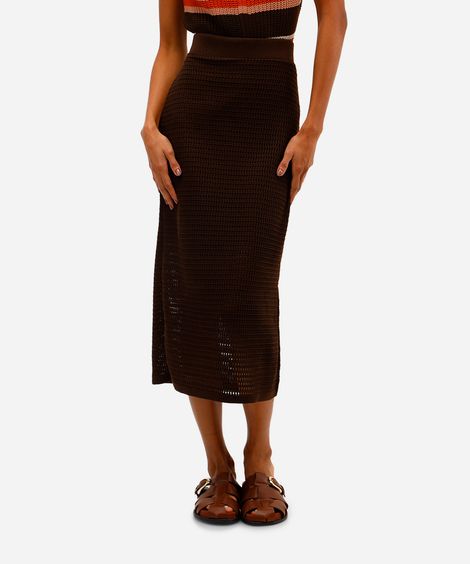 saia reta feminina de tricot com fenda marrom