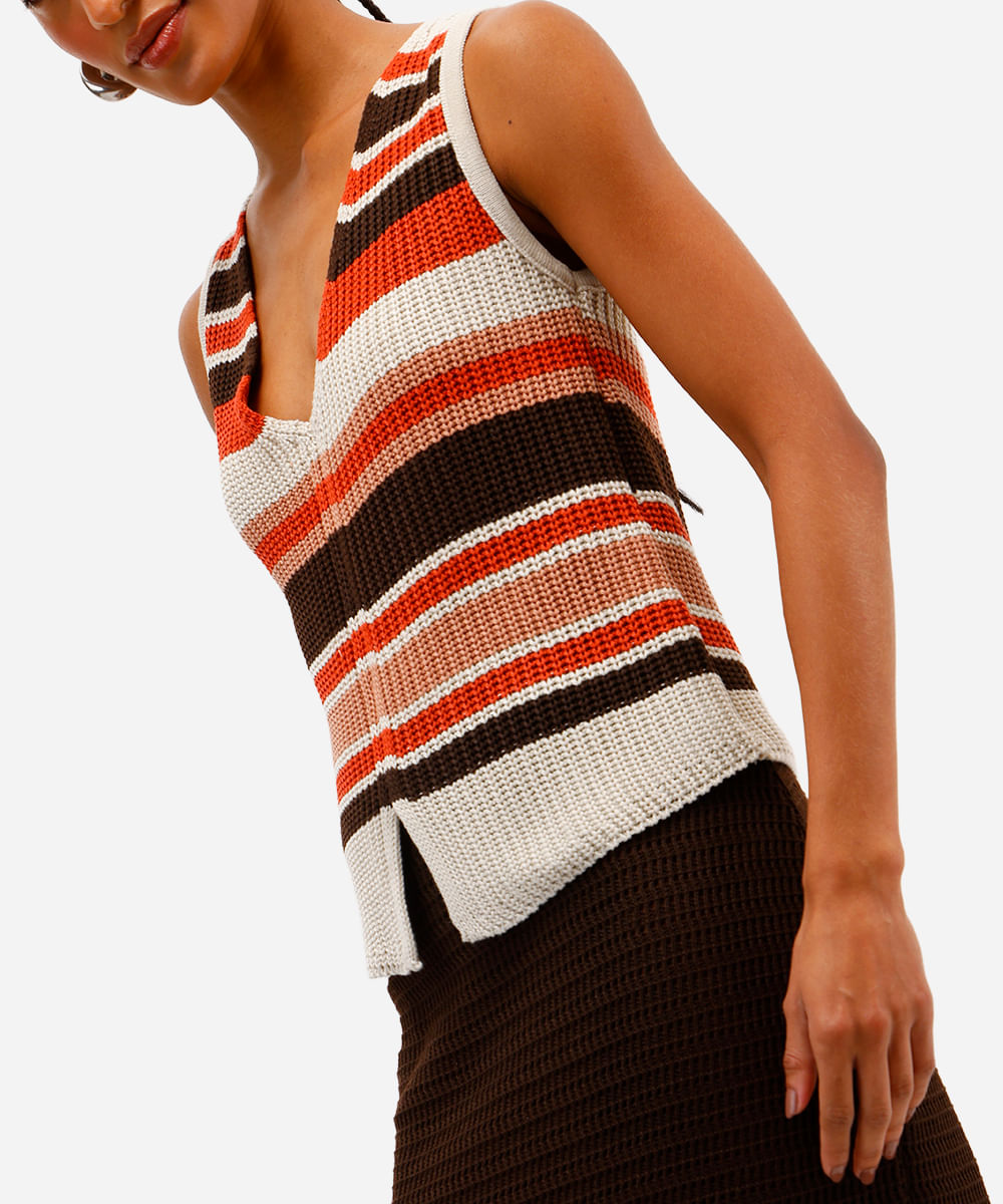 colete feminino de tricot decote v listrado laranja