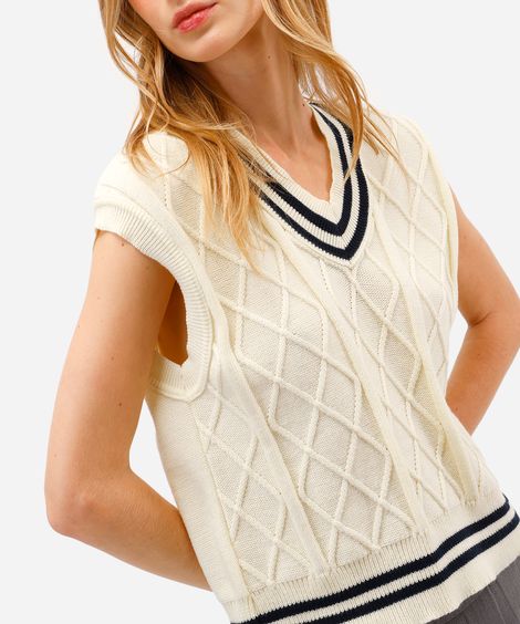 colete feminino de tricot decote v texturizado amarelo