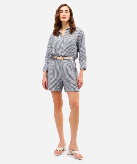short feminino com linho listrado texturizado azul