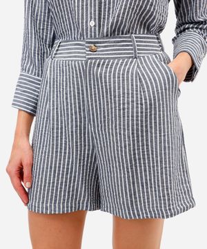 short feminino com linho listrado texturizado azul