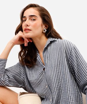 camisa feminina com linho listrada azul