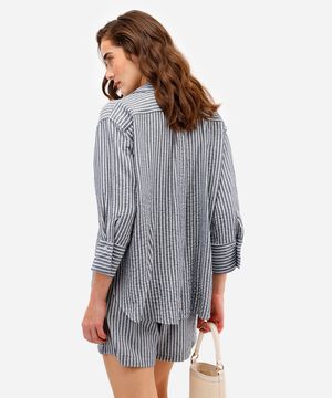 camisa feminina com linho listrada azul