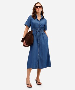 vestido chemise feminino jeans manga curta azul