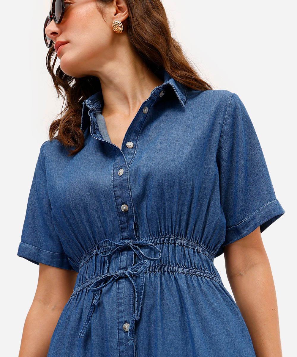 vestido chemise feminino jeans manga curta azul