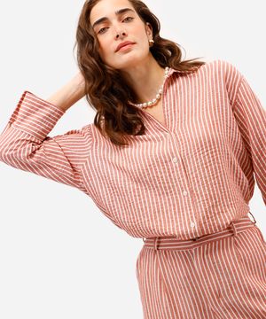 camisa feminina com linho listrada laranja