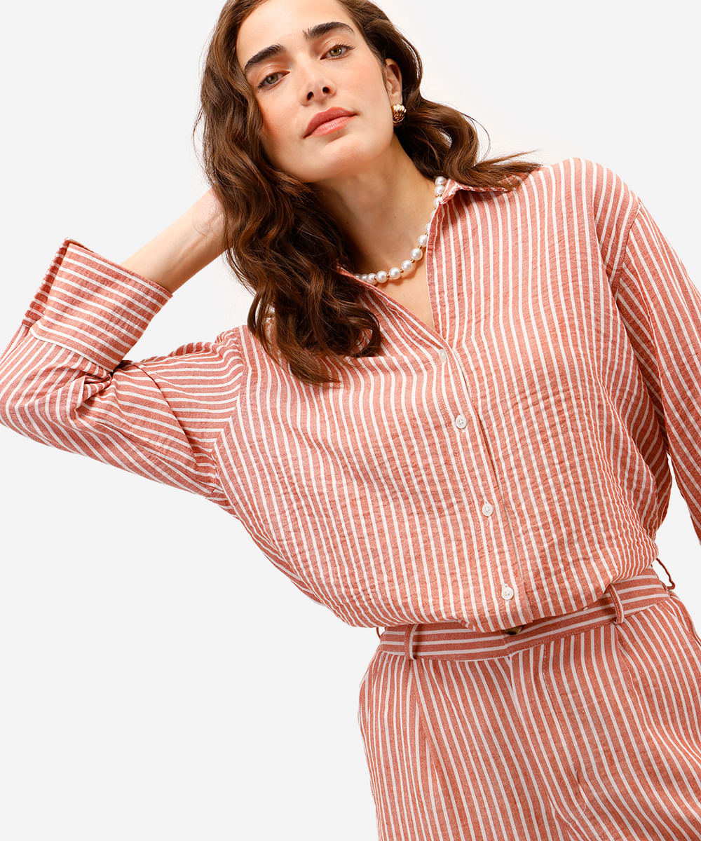 camisa feminina com linho listrada laranja