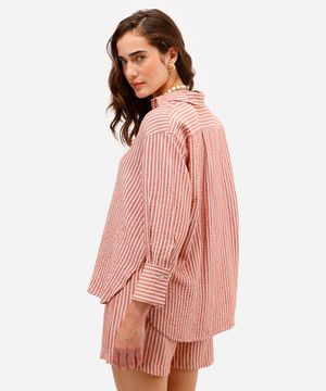 camisa feminina com linho listrada laranja