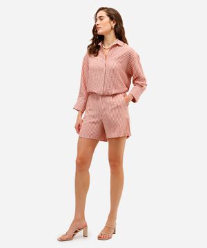 short feminino com linho listrado texturizado laranja