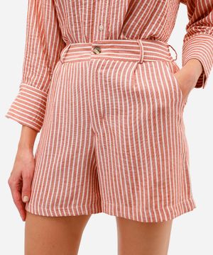 short feminino com linho listrado texturizado laranja