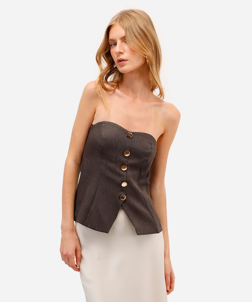 blusa feminina sem alça com botões cinza