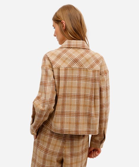 jaqueta feminina com bolsos texturizada xadrez bege