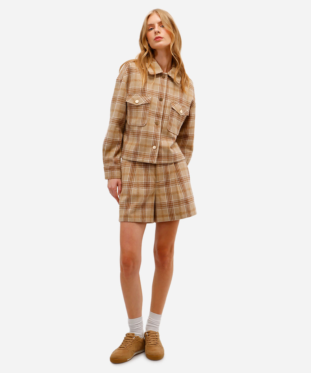 bermuda de alfaiataria feminina xadrez texturizada bege