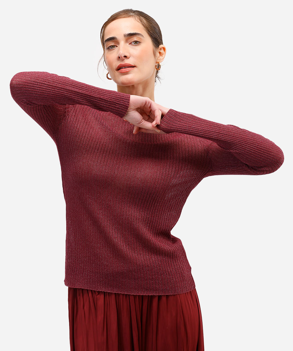 suéter feminino de tricot com lurex canelado vinho