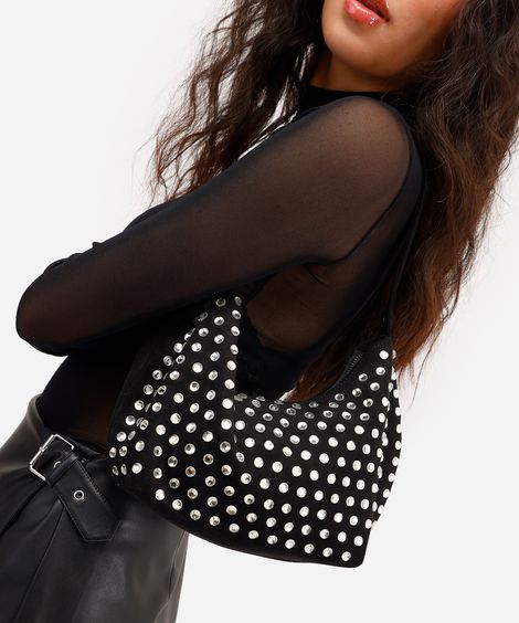 bolsa shoulder feminina strass suede preto