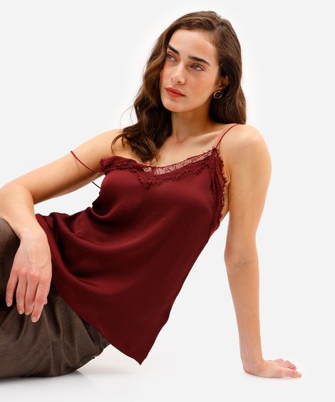 blusa feminina alça fina com renda texturizada  vinho