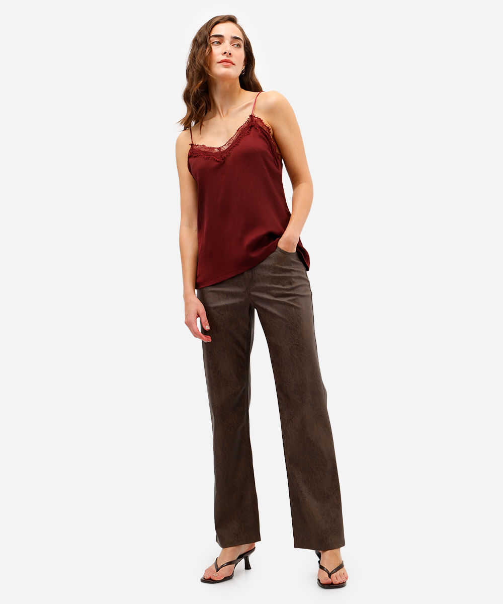 blusa feminina alça fina com renda texturizada  vinho