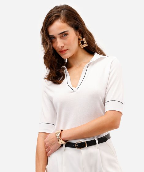 polo feminina de tricot manga curta off white