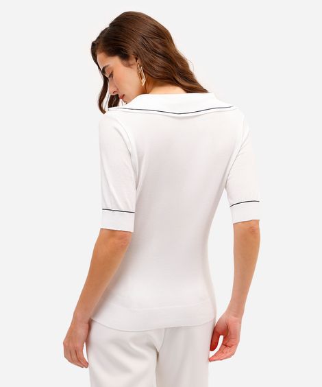 polo feminina de tricot manga curta off white
