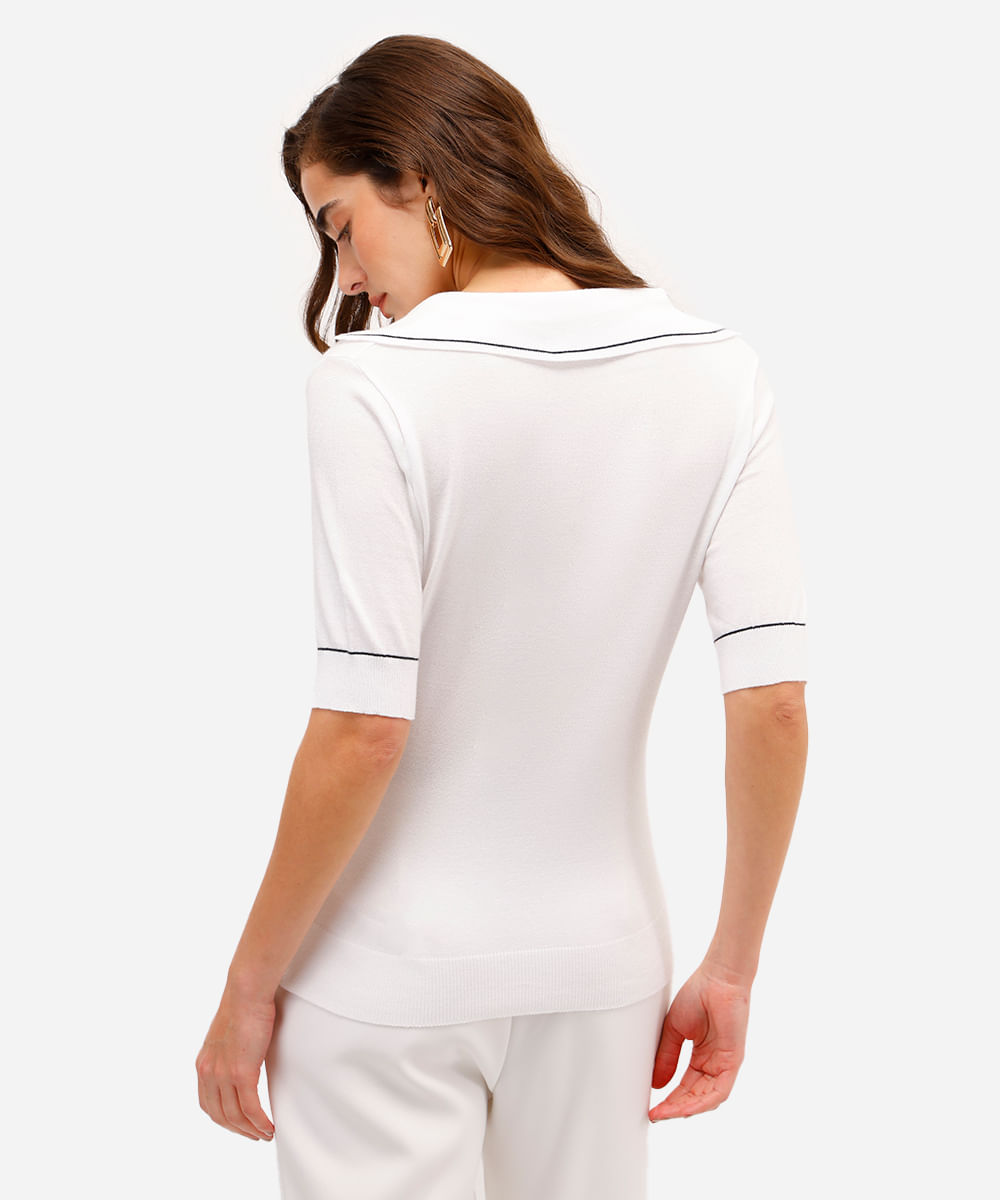 polo feminina de tricot manga curta off white