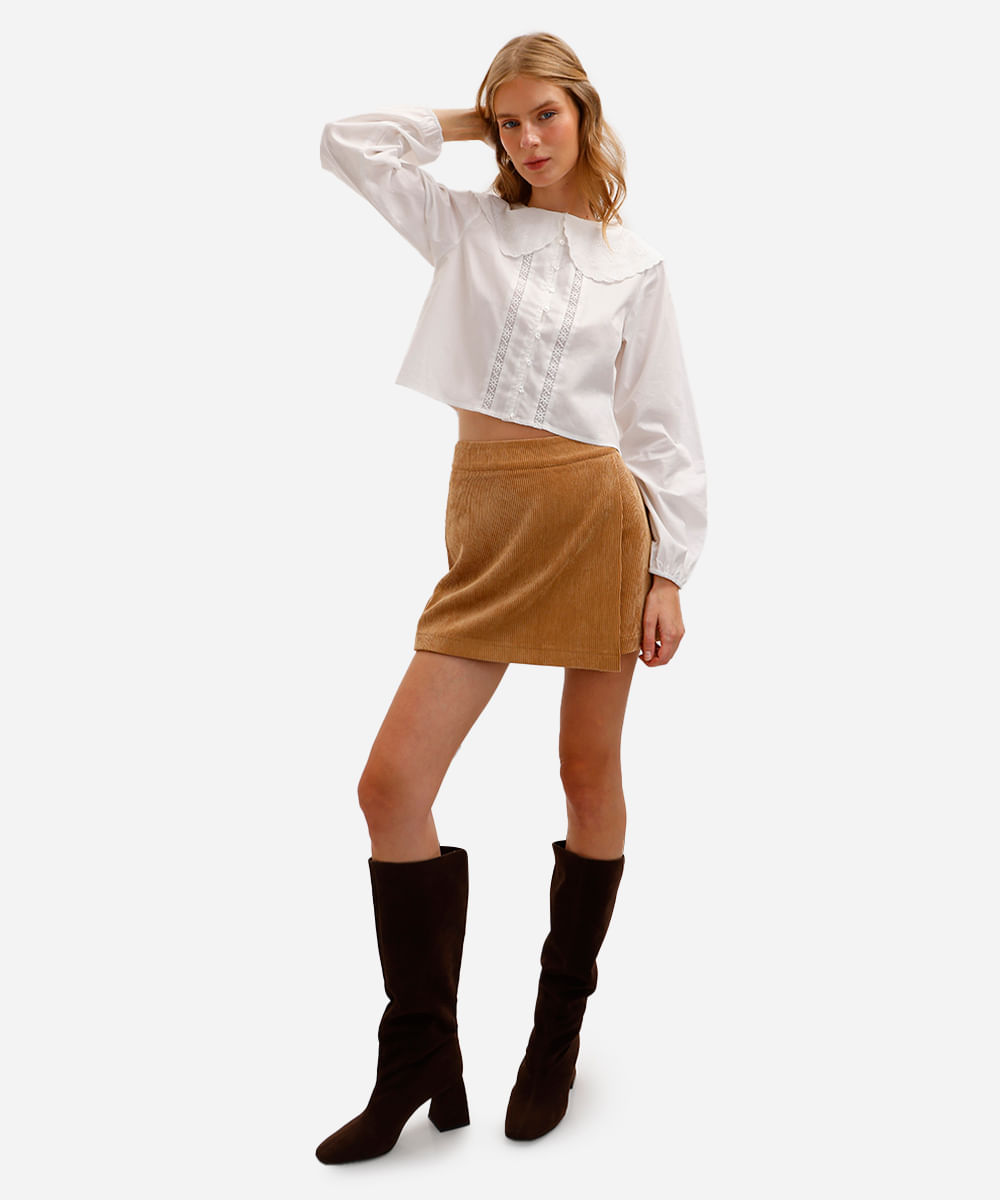 short saia feminino de veludo cotelê marrom