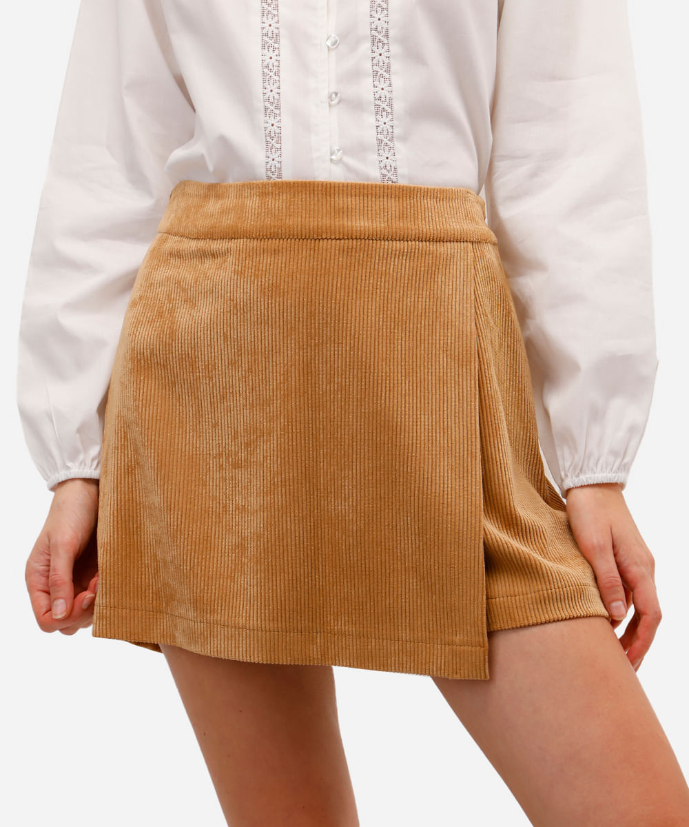 short saia feminino de veludo cotelê marrom