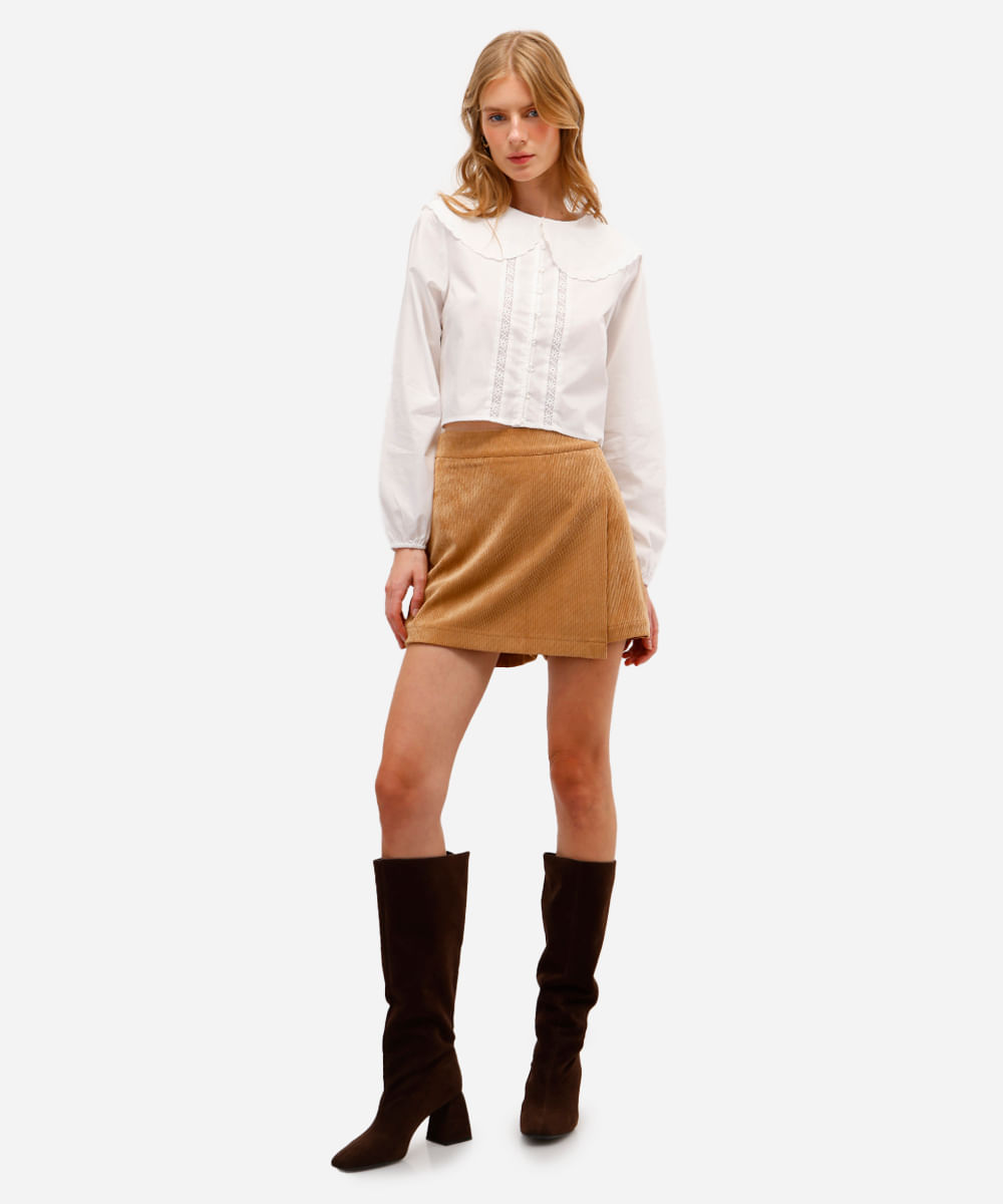 short saia feminino de veludo cotelê marrom