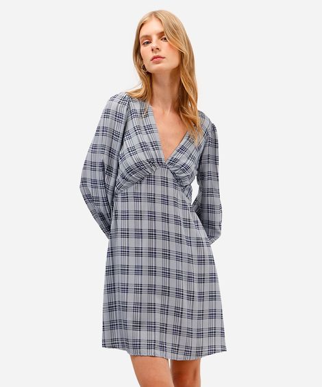 vestido curto feminino de viscose manga longa xadrez azul