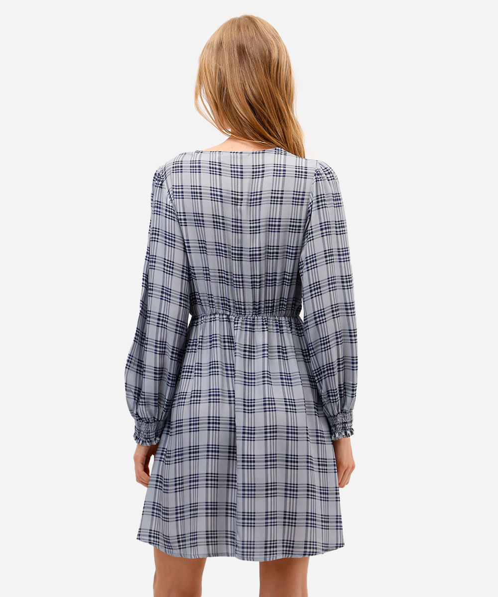 vestido curto feminino de viscose manga longa xadrez azul