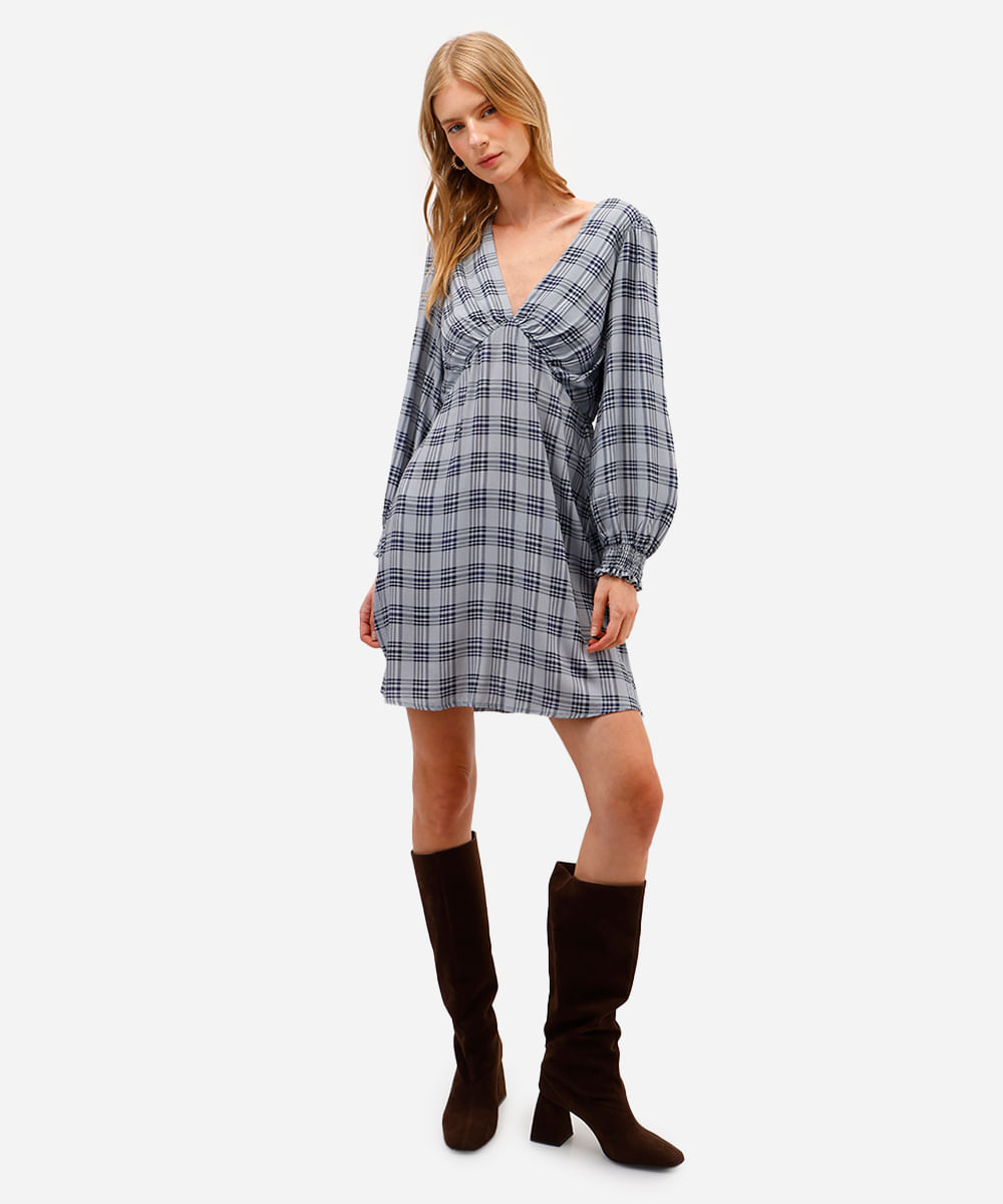 vestido curto feminino de viscose manga longa xadrez azul