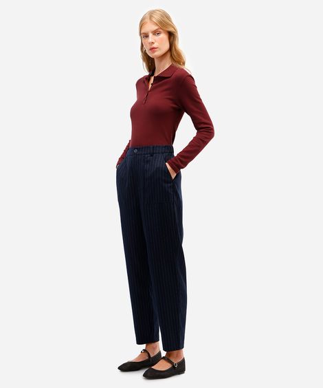 calça feminina de alfaiataria cós elástico risca de giz azul
