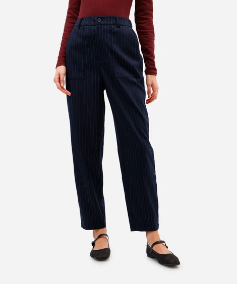 calça feminina de alfaiataria cós elástico risca de giz azul