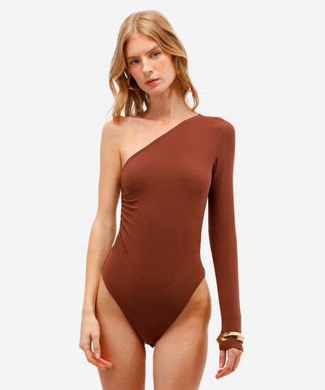 body ombro único feminino franzido marrom
