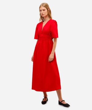 vestido midi feminino de algodão decote v vermelho