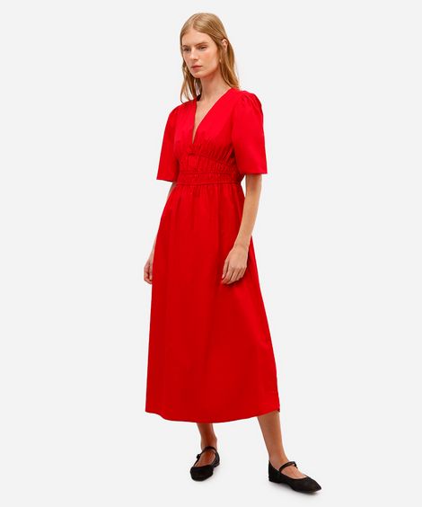 vestido midi feminino de algodão decote v vermelho