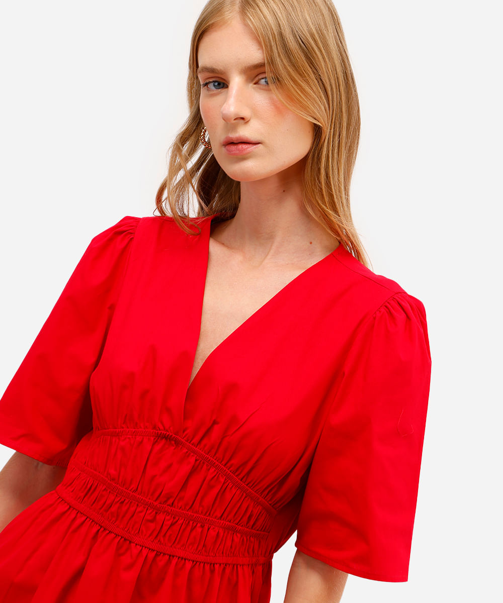 vestido midi feminino de algodão decote v vermelho