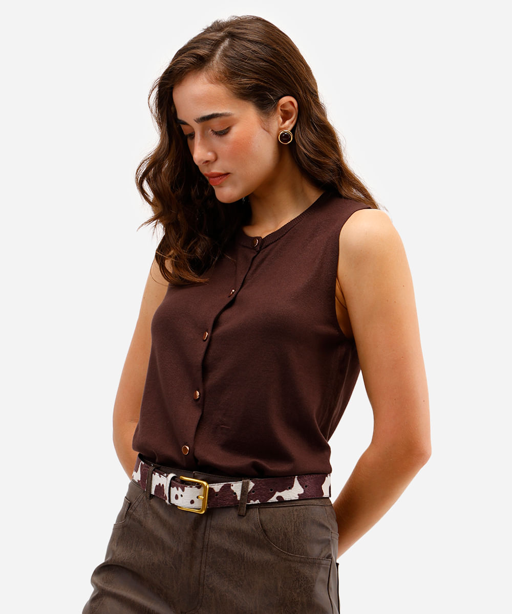 blusa feminina de tricot com botões marrom